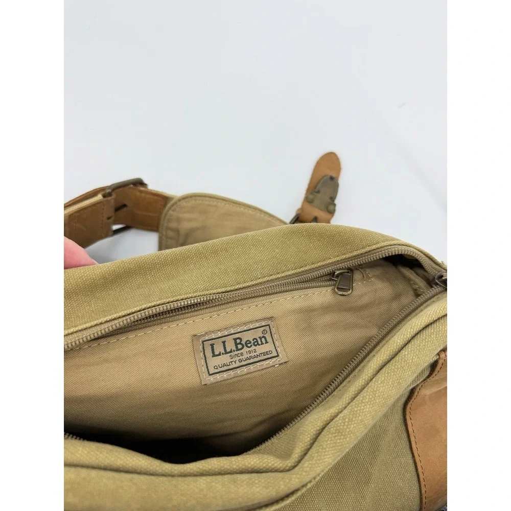 LL Bean Canvas Messenger Bag Olive Green Leather Trim Crossbody Field Bag Vtg